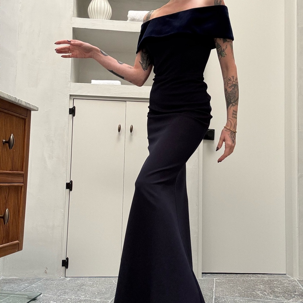 Elegant Off-Shoulder Navy Gown